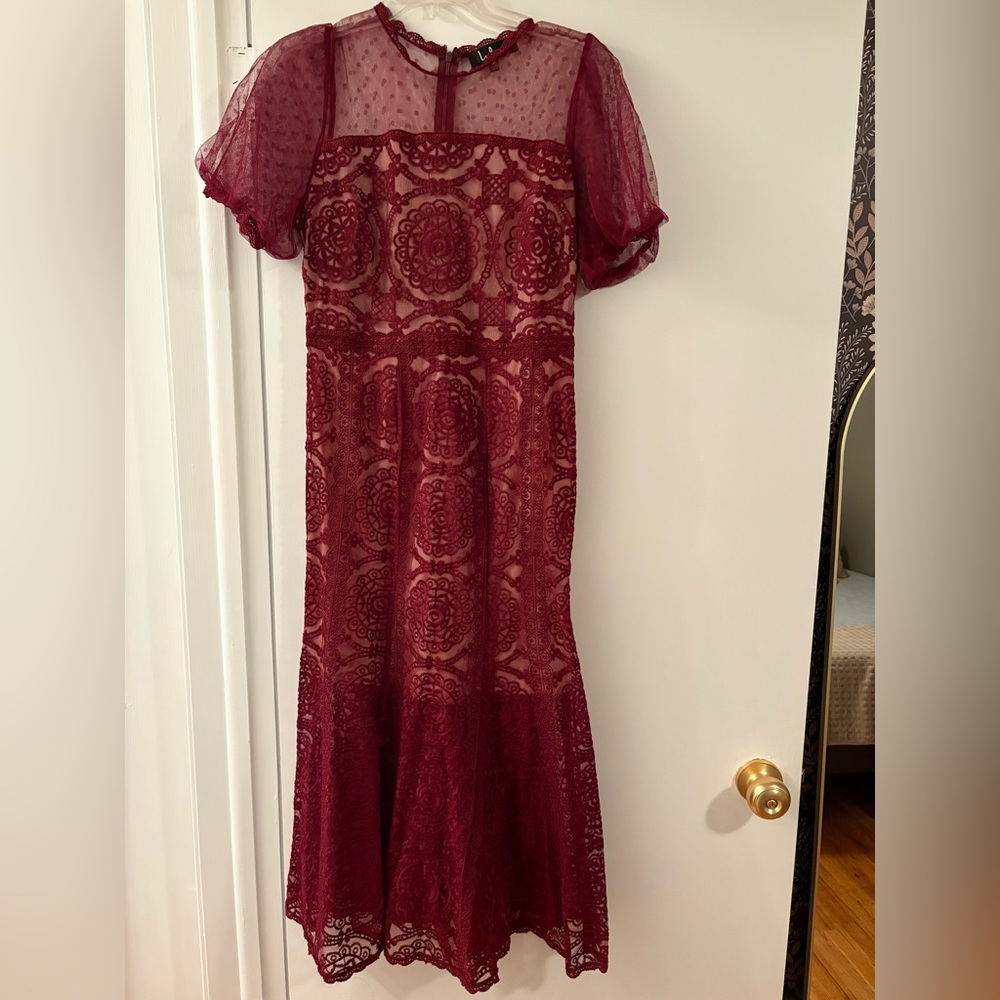 Lulu's Burgundy Lace Long Sleeve Dress- Mermaid style